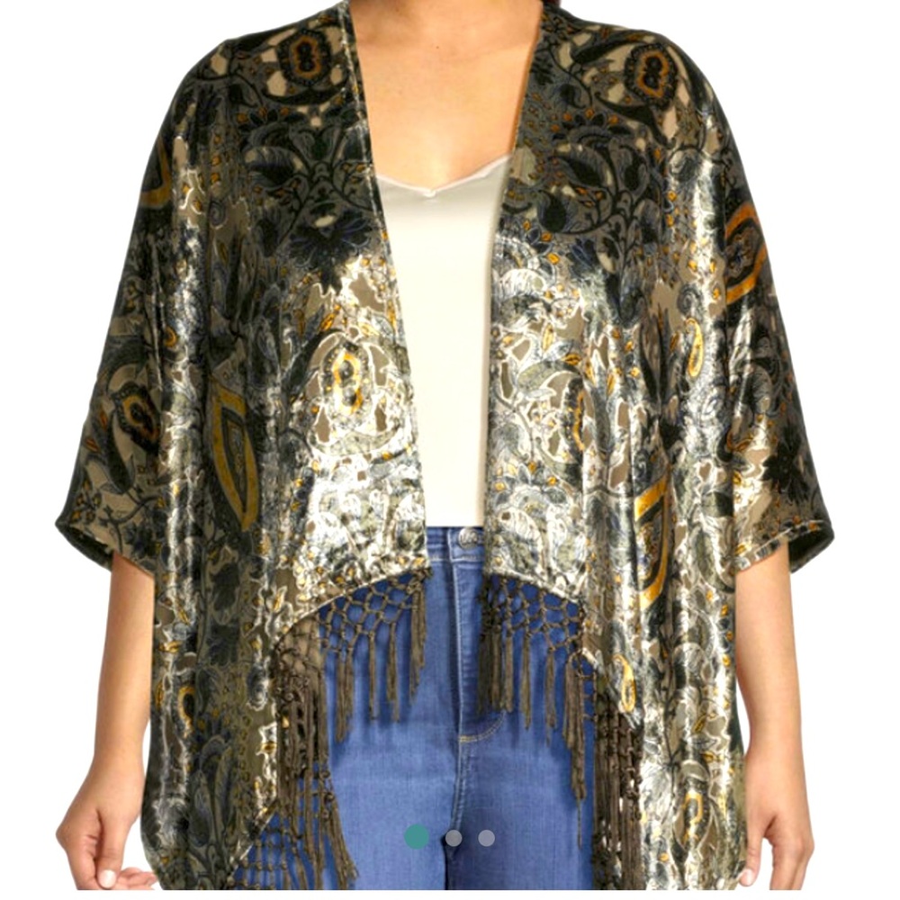 World market Remi Green Velvet Floral Burnout Kimono